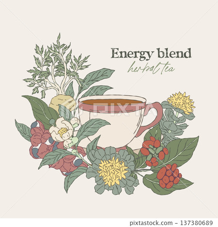Hand drawn wreath with energy tea medicinal plants 137380689