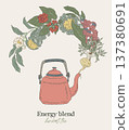 Hand drawn energy herbal blend wreath with teapot 137380691