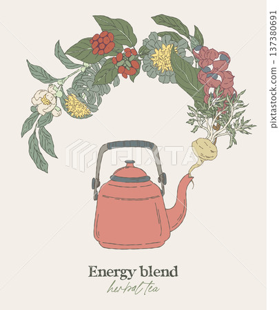 Hand drawn energy herbal blend wreath with teapot Hand drawn energy herbal blend wreath with teapot 137380691