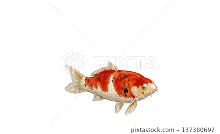 Red and white Nishikigoi carp swimming on a white background Simple Japanese style illustration material 137380692