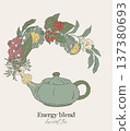 Hand drawn energy herbal blend wreath with teapot 137380693