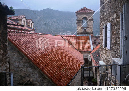 Mediterranean Village Rooftops with Church Bell Tower 137380696