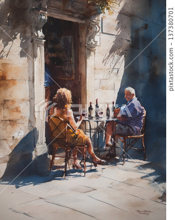 An atmospheric watercolor painting of a couple at an outdoor cafe. The scene captures dramatic shadow play on golden paving stones during a warm, sun-drenched late afternoon. 137380701