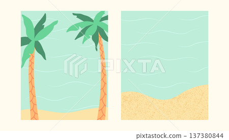 Tropical beach card templates vector illustration. Summer banner set with palm tree, sea waves and sandy shore. Vacation vertical background design for invitation, poster, flyer in flat style Tropical beach card templates vector illustration. Summer banner set with palm tree, sea waves and sandy shore. Vacation vertical background design for invitation, poster, flyer in flat style 137380844