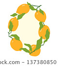Lemon frame vector illustration. Fresh yellow citrus border with green leaves. Decorative summer fruit composition with copy space for menu, card, packaging and Italian inspired design in flat style 137380850