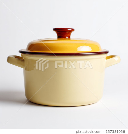 A minimalist ceramic cooking pot, isolated on a white background. This high-quality studio shot features clean lines and soft, even lighting. 137381036