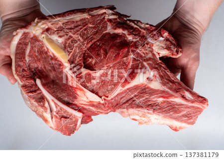 Hands holding a large raw beef steak with rich marbling. Fresh ribeye meat cut isolated on white background. Butcher showing high quality ingredient 137381179