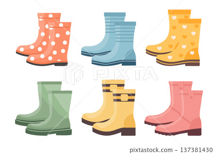 Rubber boots icon set isolated on white background. Collection of colorful waterproof boots. 137381430