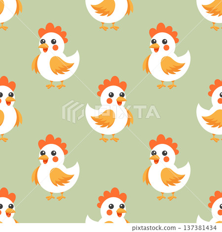 Seamless pattern with cute funny chickens on green background. Childish print. Seamless pattern with cute funny chickens on green background. Childish print. 137381434