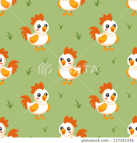 Seamless pattern with cute chickens on green background. Childish print. Seamless pattern with cute chickens on green background. Childish print. 137381436
