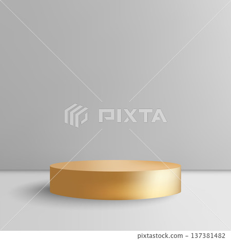 Gold cylindrical podium on neutral grey background, luxury stage for product demonstration. Eps 10 137381482
