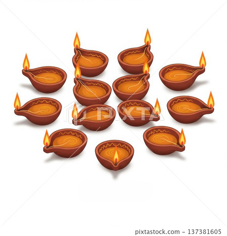 Arrangement of Lit Clay Oil Lamps on White Background 137381605