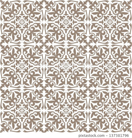 Seamless, vector damask pattern, rendered in gold. This classic arabesque design features repeating symmetrical motifs, perfect for wallpaper, textiles, and decorative surfaces. Seamless, vector damask pattern, rendered in gold. This classic arabesque design features repeating symmetrical motifs, perfect for wallpaper, textiles, and decorative surfaces. 137381796