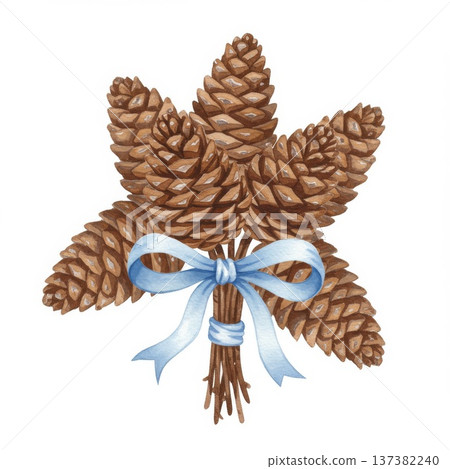Watercolor Painting of Brown Pine Cones Tied with a Blue Ribbon 137382240