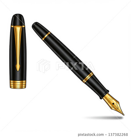Black and Gold Fountain Pen with Gold Accents on White Background 137382268