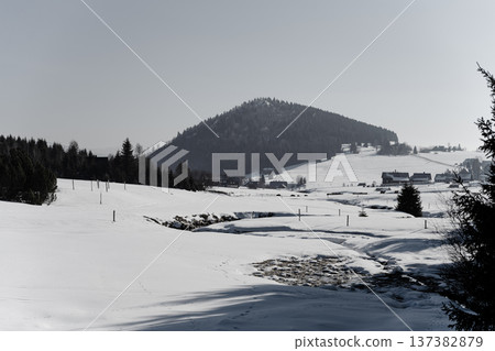 Snow covers the ground of Jizerka village as Bukovec Hill rises in the background. The landscape shows trees and buildings on a cold winter day, creating a simple rural scene. 137382879