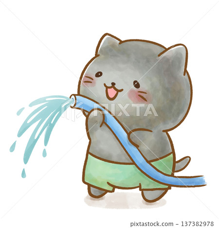 一幅水彩插畫,描繪了一隻穿著泳衣的黑貓正用軟管噴水。非常適合夏季幼兒園活動、游泳池以及預防中暑。 一幅水彩插畫,描繪了一隻穿著泳衣的黑貓正用軟管噴水。非常適合夏季幼兒園活動、游泳池以及預防中暑。 137382978