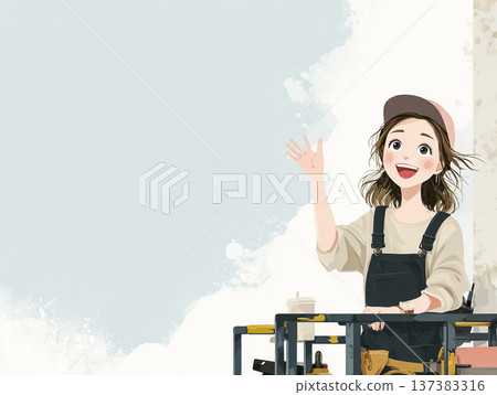 Female electrician working on a high-altitude work vehicle, image of an engineer supporting the power infrastructure 137383316