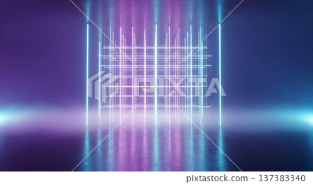 Abstract Neon Grid Structure With Purple And Blue Light Reflections 137383340