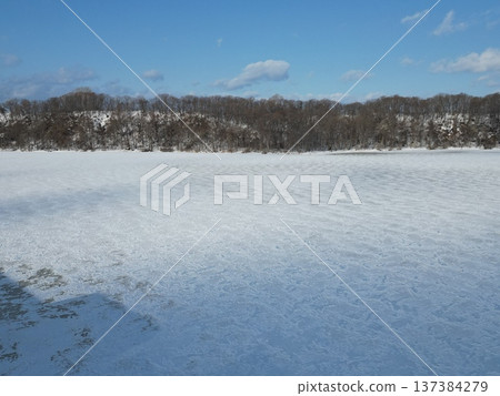 Morning aerial view of the completely frozen Lake Abashiri Morning aerial view of the completely frozen Lake Abashiri 137384279