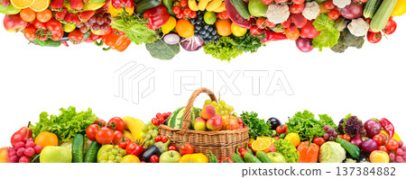 Panorama of fresh fruits and vegetables useful for health isolated on white background. Panorama of fresh fruits and vegetables useful for health isolated on white background. 137384882