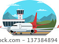 Airplane parked in airport terminal illustration 137384894