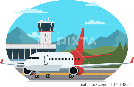 Airplane parked in airport terminal illustration 137384894