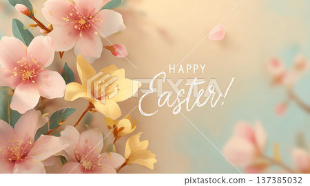 Happy Easter celebration with flowers and seasonal greetings on a light background 137385032