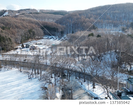 Aerial view of the lakeside promenade at Lake Abashiri in winter Aerial view of the lakeside promenade at Lake Abashiri in winter 137385042