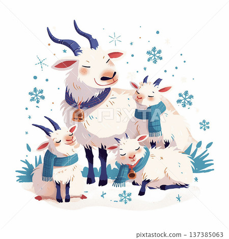 Four goats stand together in the snow, wearing scarves, during a winter scene in a cartoon style with light snowfall around them 137385063