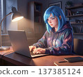 Freelancer girl with blue hair depicted in anime style working on a laptop 137385124