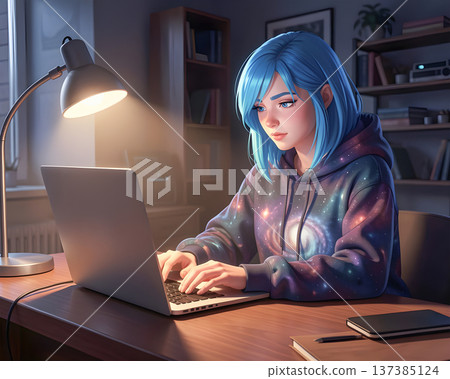 Freelancer girl with blue hair depicted in anime style working on a laptop 137385124
