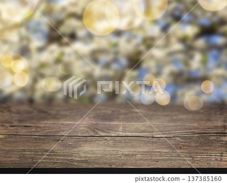 Rustic wooden surface with cherry blossoms, spring floral background 137385160