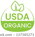 USDA organic logo with green leaf sprout on rounded badge set against a white background 137385271