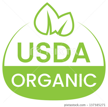 USDA organic logo with green leaf sprout on rounded badge set against a white background USDA organic logo with green leaf sprout on rounded badge set against a white background 137385271