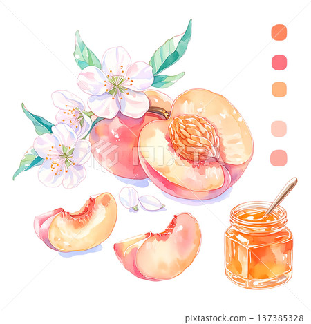 Peach, flowers, and jar of honey with peach slices shown on a plain background 137385328