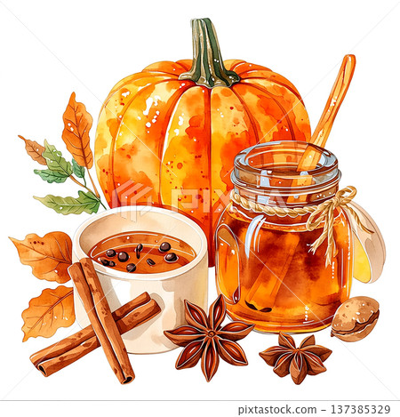 Pumpkin, honey jar, spices, and leaves arranged for autumn baking and cooking on a white background 137385329