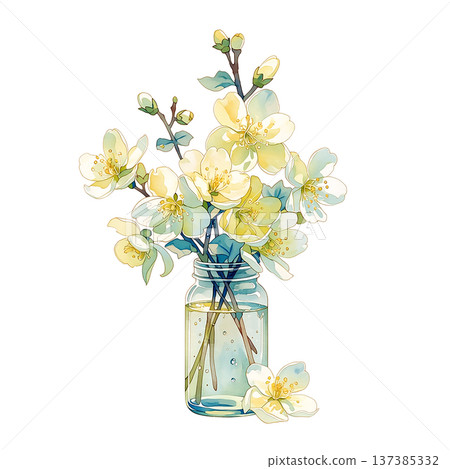 Flowers in a glass jar with water on a plain background featuring white and yellow blooms 137385332