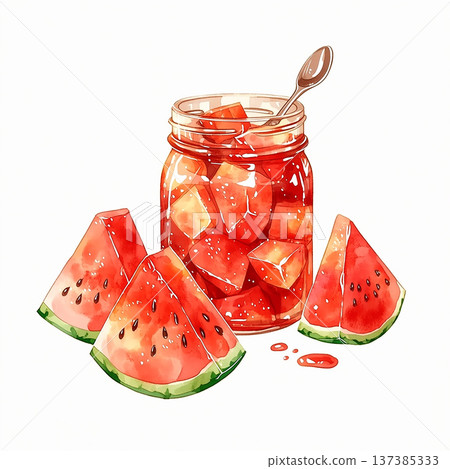 Watermelon pieces and jar with watermelon cubes under bright light in a simple setting during daytime Watermelon pieces and jar with watermelon cubes under bright light in a simple setting during daytime 137385333