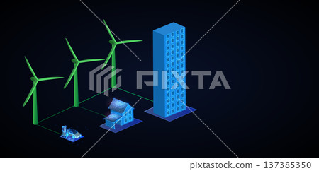 Digital rendering of a wind farm with a house and a high-rise building in a minimalist design setup 137385350