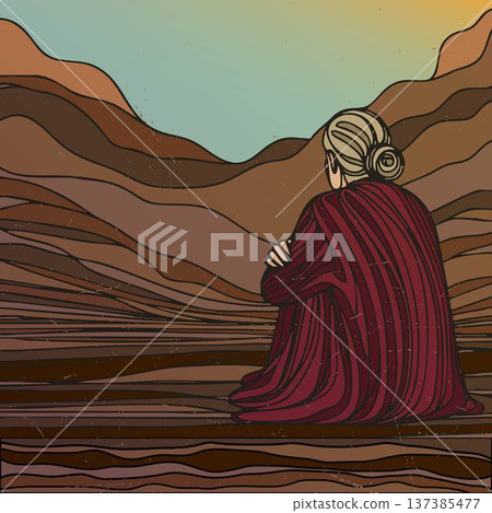 Lonely Woman Watching Desert Sunset Vector Illustration Lonely Woman Watching Desert Sunset Vector Illustration 137385477
