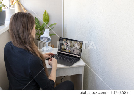 Woman monitors footage from cctv cameras on his laptop Woman monitors footage from cctv cameras on his laptop 137385851