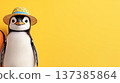 Cute penguin in straw hat on vibrant yellow background with empty space. Bright banner for summer travel concept 137385864