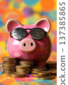 Pink piggy bank with sunglasses and coins against colorful background. Bright savings and investments concept 137385865