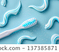 Toothbrush and toothpaste design with blue and white swirls for dental health and teeth whitening theme 137385871