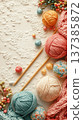 Cozy knitting supplies with colorful yarn balls and needles for hobby and crafting theme 137385872