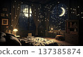 Cozy nighttime bedroom with moonlit windows and starry sky ambiance 137385874