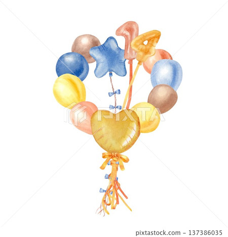 A bouquet of yellow, orange, brown, and blue balloons and the number fourteen, hand-painted in watercolor on an isolated background. Clipart for a 14th birthday party or Valentine's Day. A bouquet of yellow, orange, brown, and blue balloons and the number fourteen, hand-painted in watercolor on an isolated background. Clipart for a 14th birthday party or Valentine's Day. 137386035