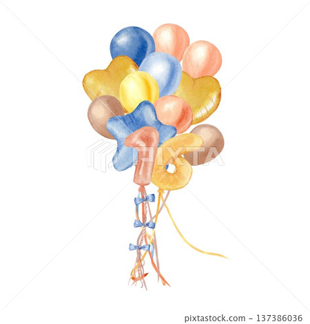 Bouquet of heart, star and yellow, orange, brown and blue balloons and number sixteen hand painted in watercolor on isolated background. Clip art for sixteenth birthday party decoration. 137386036