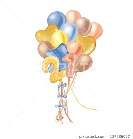 A bouquet of heart-shaped, star-shaped, yellow, orange, brown, and blue balloons, along with the number twenty, hand-painted in watercolor on an isolated background. Clipart for a 21st birthday party. A bouquet of heart-shaped, star-shaped, yellow, orange, brown, and blue balloons, along with the number twenty, hand-painted in watercolor on an isolated background. Clipart for a 21st birthday party. 137386037